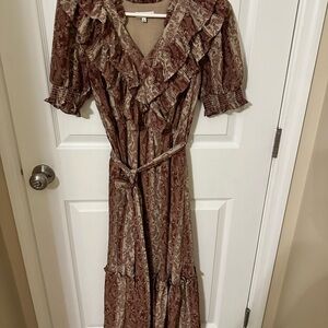 Moon River Ruffled Maxi Dress in Brown and Cream